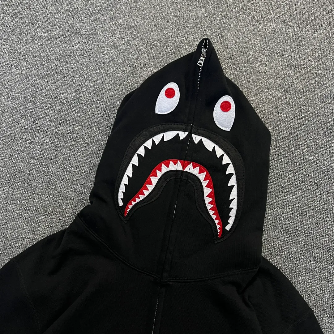 XX 125 BAPE SHARK FULL ZIP solid color embroidered shark zipper sweatshirt jacket ZP version correct version 430g weight pure cotton custom fabric Couple style: S—XXL [Black Gray]